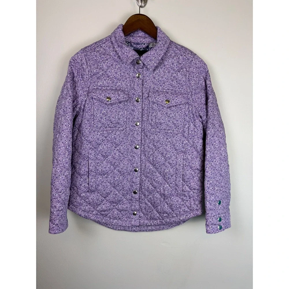 J Crew Quilted Barn Shirt Jacket XS Purple Floral Snap Front Diamond Quilted